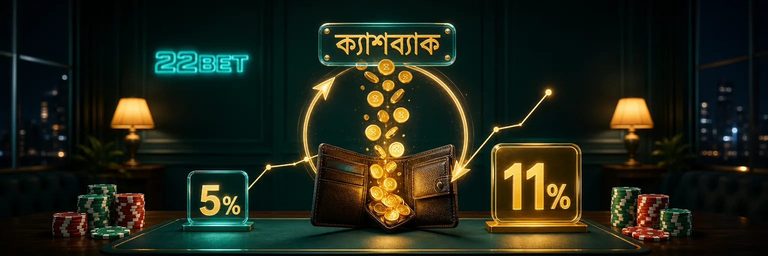 ওয়ালেটে ফিরে আসা কয়েন — ২২বেটের ক্যাশব্যাক নেট ক্ষতির ৫% থেকে ১১% পর্যন্ত ফেরত দেয়