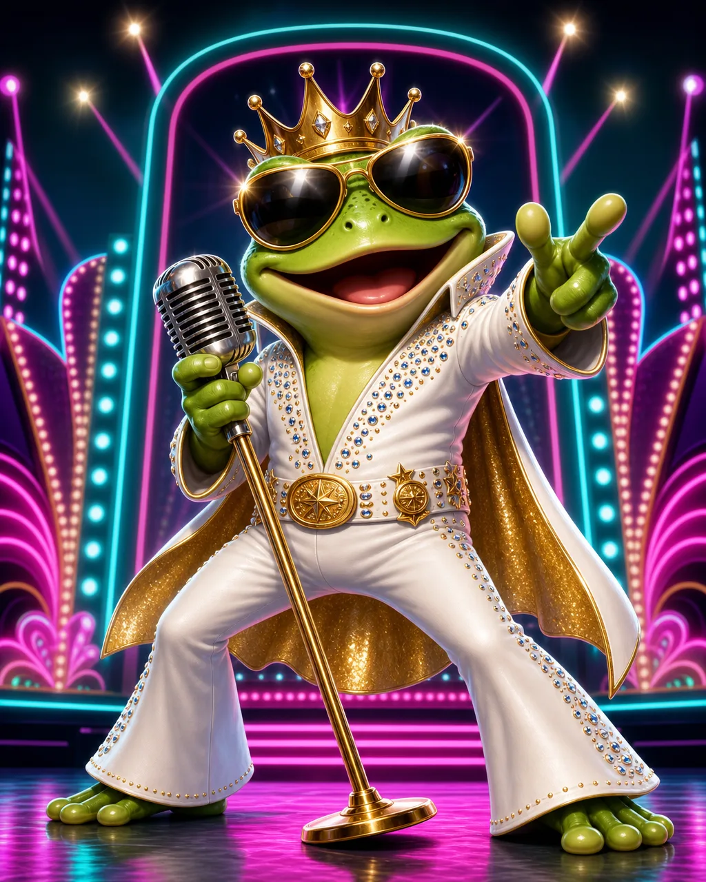Elvis Frog in Vegas স্লটের কভার — মঞ্চে গান গাইছে ব্যাঙ